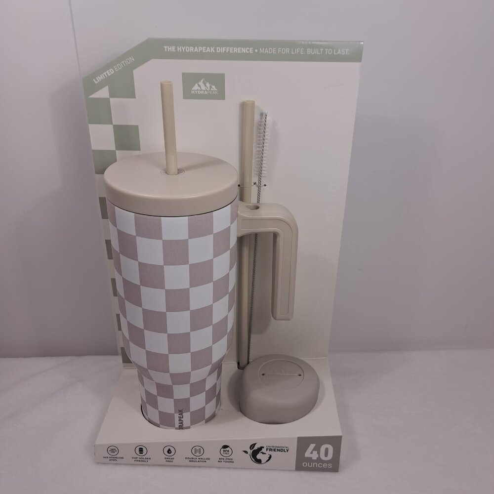 Hydrapeak Voyager 40oz Steel Tumbler Limited Edition Cream Checkered With Handle